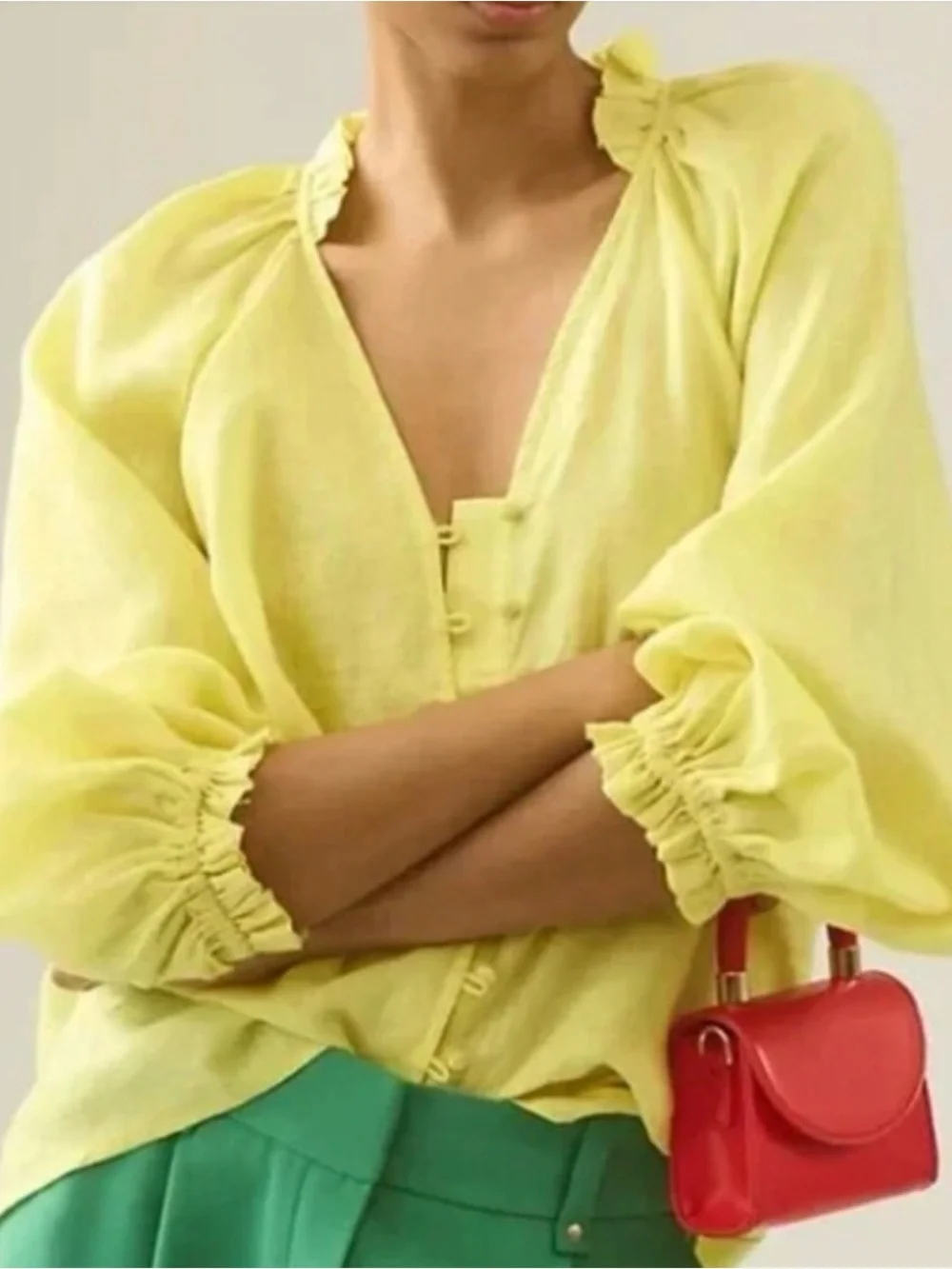 Anthropologie Maeve Linen Pale Yellow Button-Front V-Neck Blouse - Picture 3 of 10